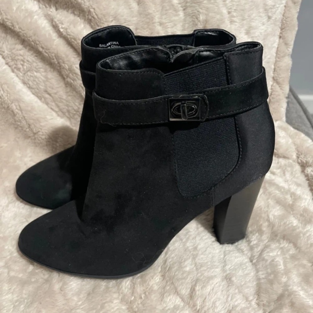 Black Suede-Look Ankle Booties with Buckle Strap
